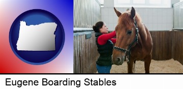 a horse and a horse owner in a boarding stable in Eugene, OR